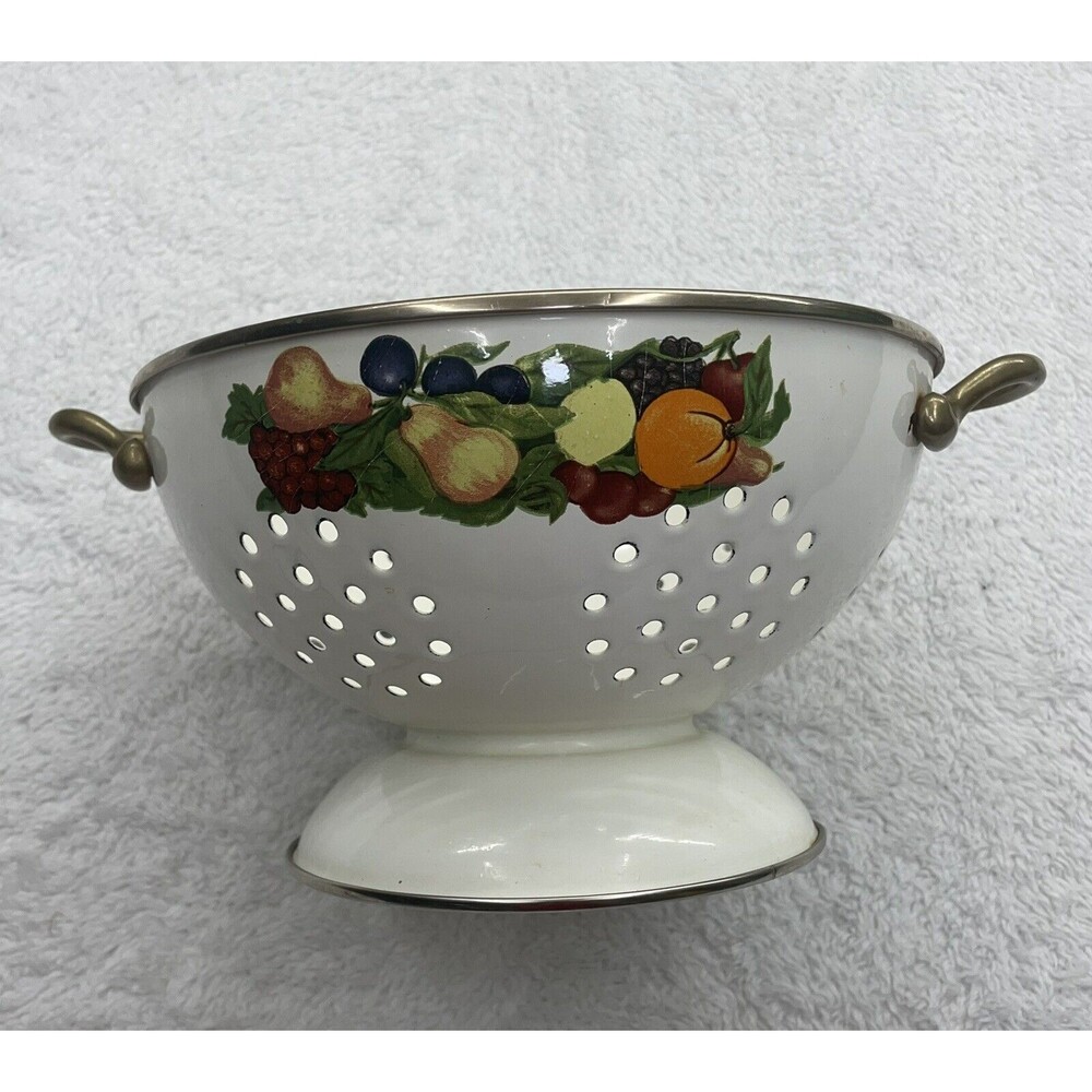 Regency Club Cornucopia Enamel Steel Brass Pedestal Colander Mixed Fruit Design